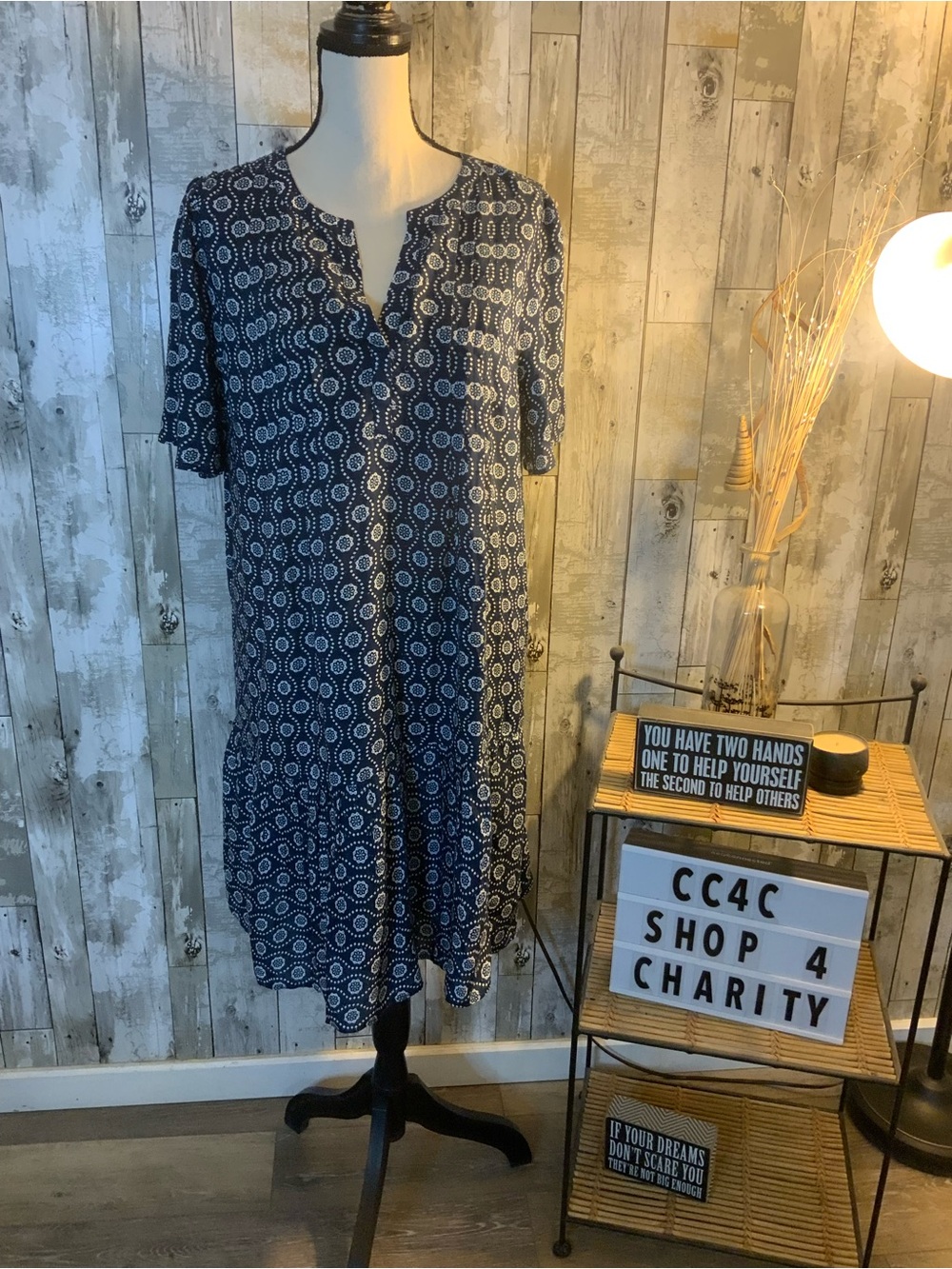 LOFT Navy Blue Printed Short Sleeve Midi Dress